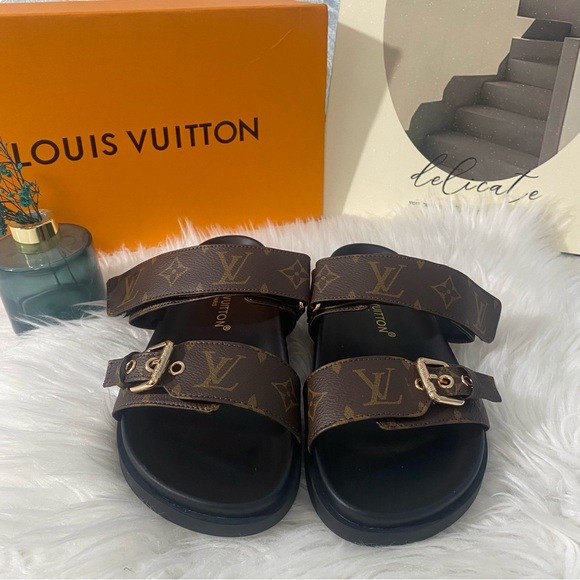 Louis Vuitton Black and Brown Monogram Sandals - Picture 1 of 6